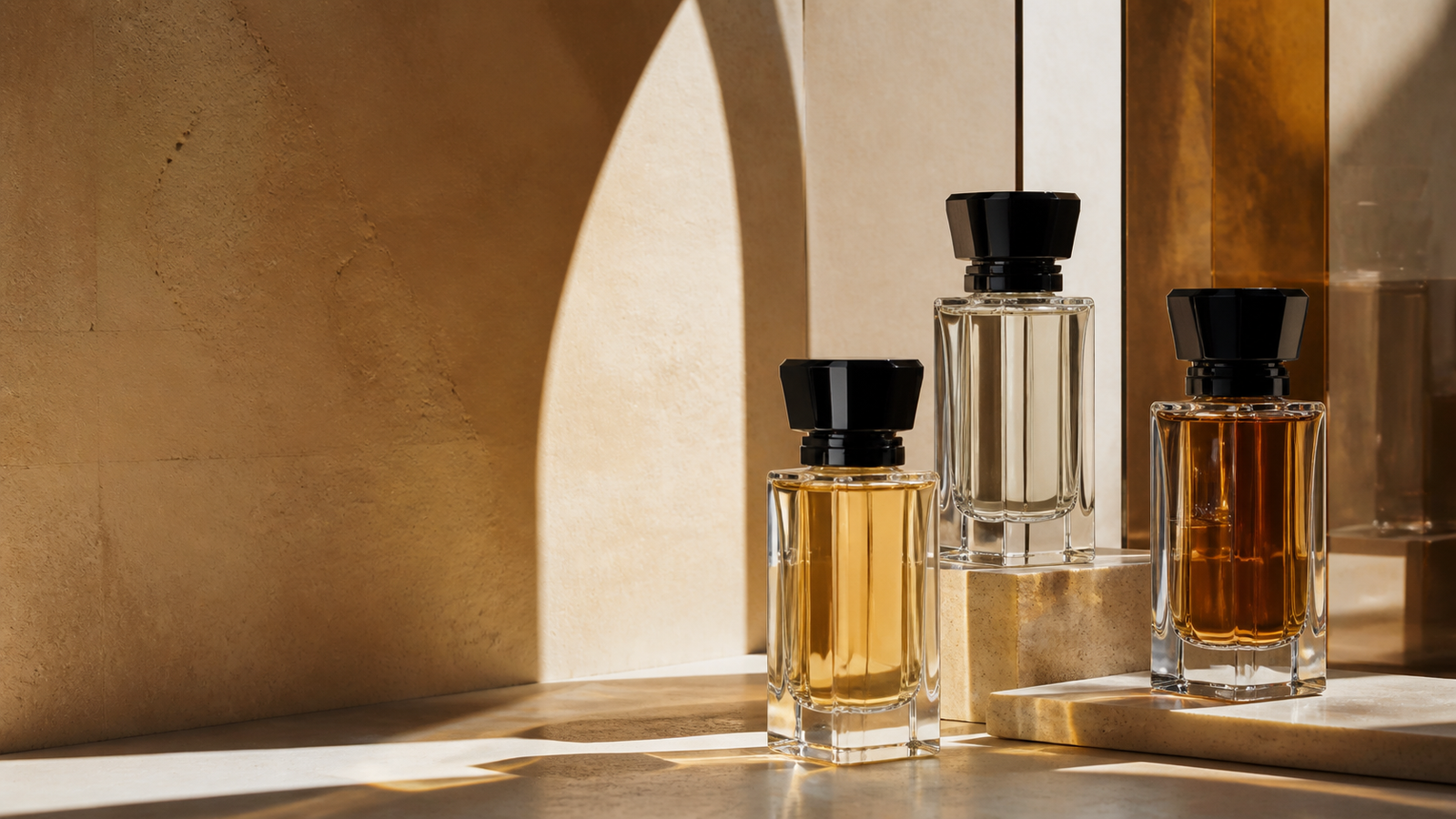 Three crystal perfume bottles in warm architectural sunlight