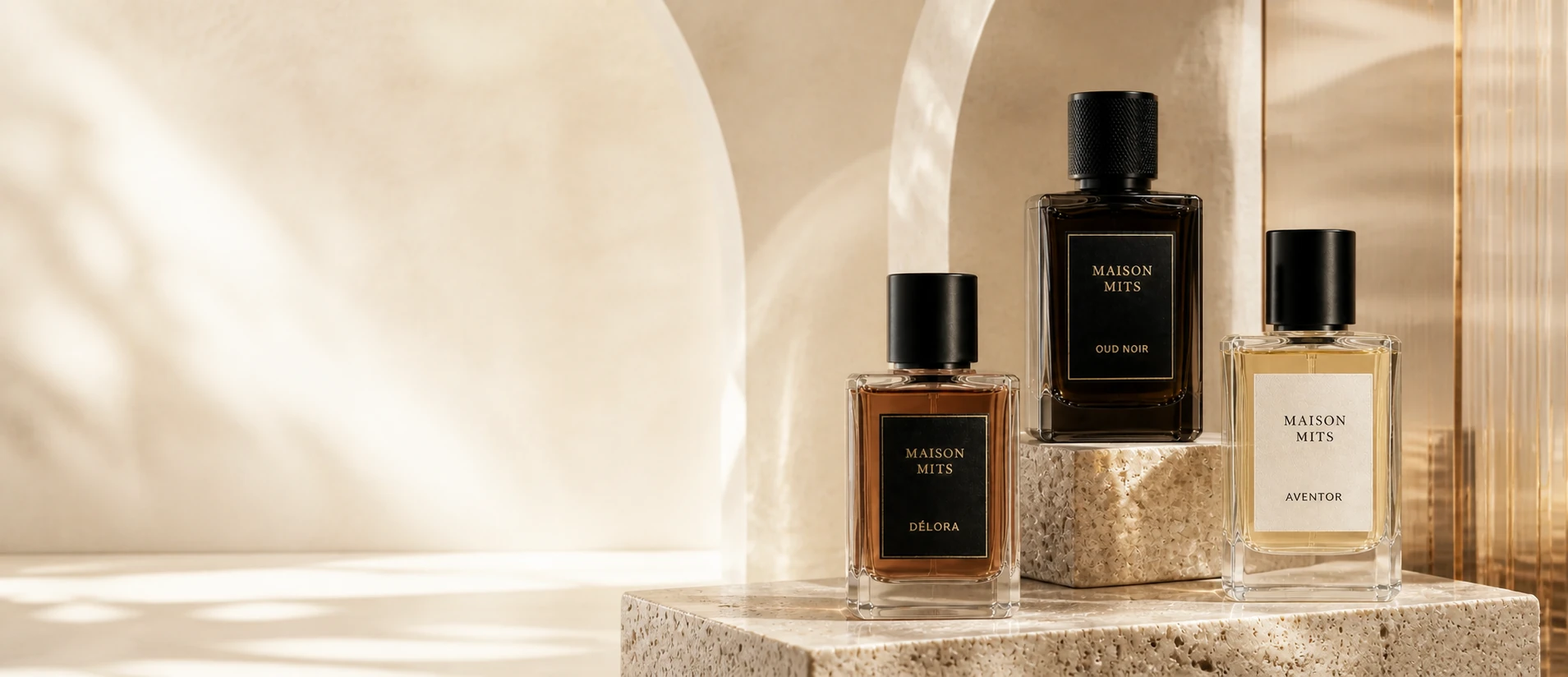 Maison Mits Délora, Oud Noir and Aventor perfume bottles in luminous champagne-toned architecture
