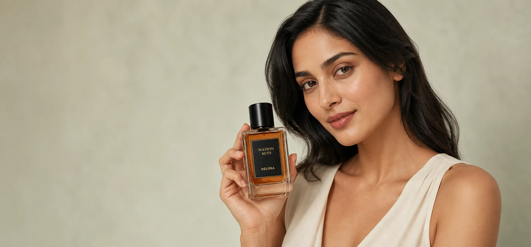 Model holding a Maison Mits Délora perfume bottle