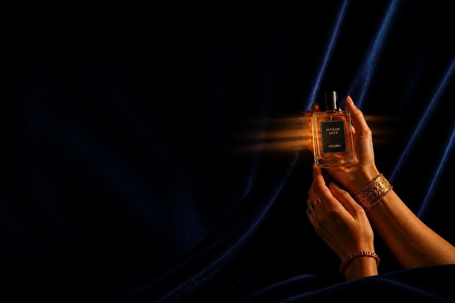 A woman’s hands holding a Maison Mits Délora perfume bottle against midnight sapphire velvet
